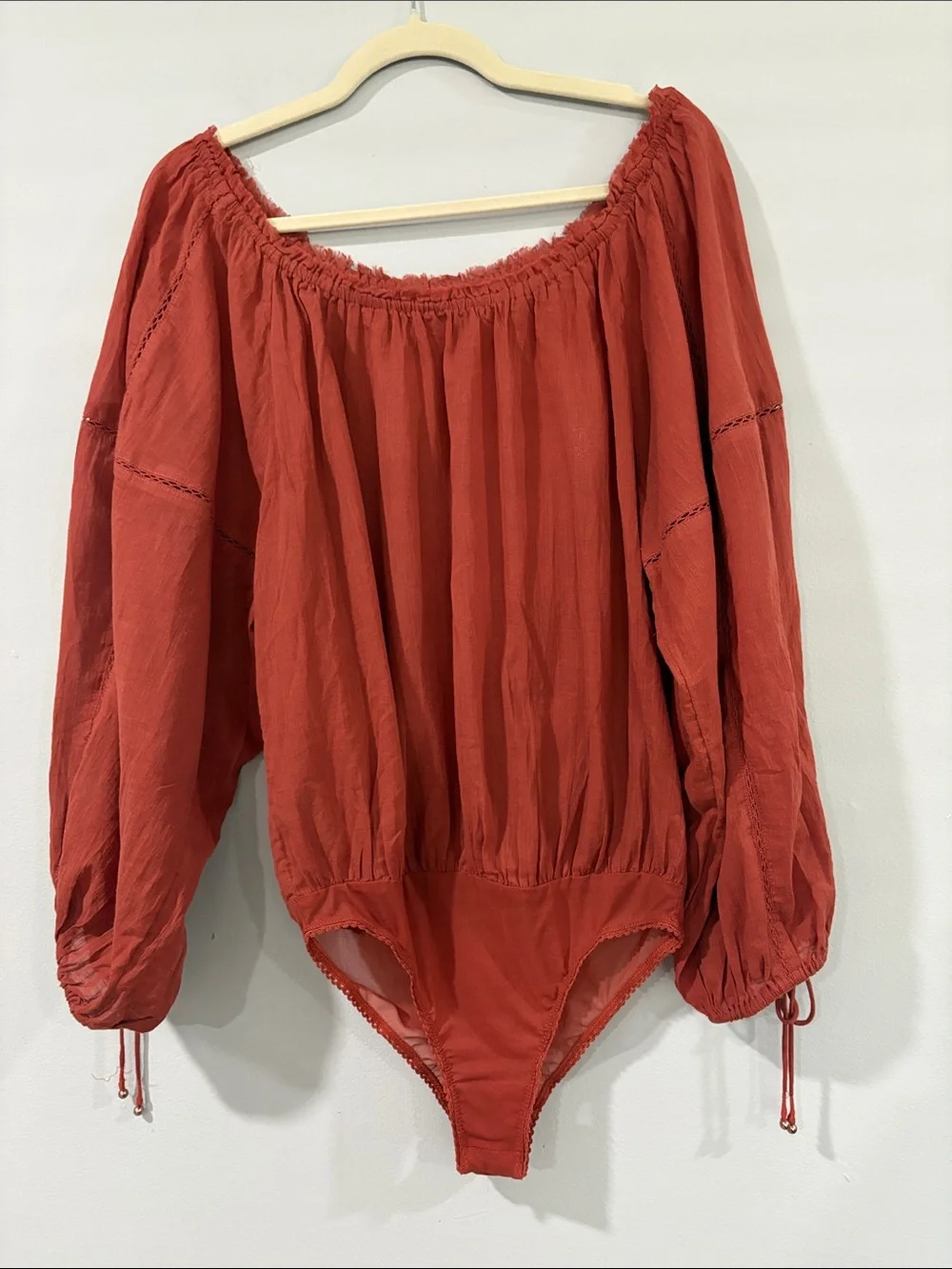 FREE PEOPLE RUST ORANGE OFF SHOULDER PEASANT BOHO COTTON BODYSUIT SIZE/ S